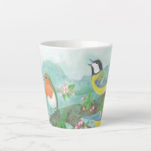 Vogels zingen op een bloeiende boomtak Klein Latte Mok (Voorkant)