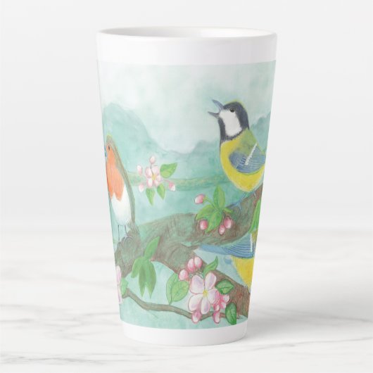 Vogels zingen op een bloeiende boomtak latte mok (Voorkant)
