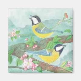 Vogels zingen op een bloeiende boomtak magneet