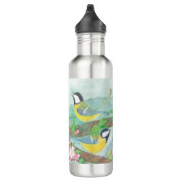 Vogels zingen op een bloeiende boomtak waterfles 