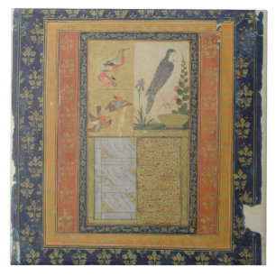 Vogelstudie en kalligrafie, Golconda, Andhra Prade Tegeltje