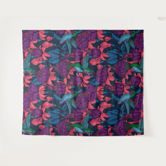 Vogeltuin in het paars en blauw wandkleed (Voorkant (horizontaal))