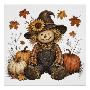 Vogelverschrikker met Pompoenen Herfst Oogst Rusti Perfect Poster