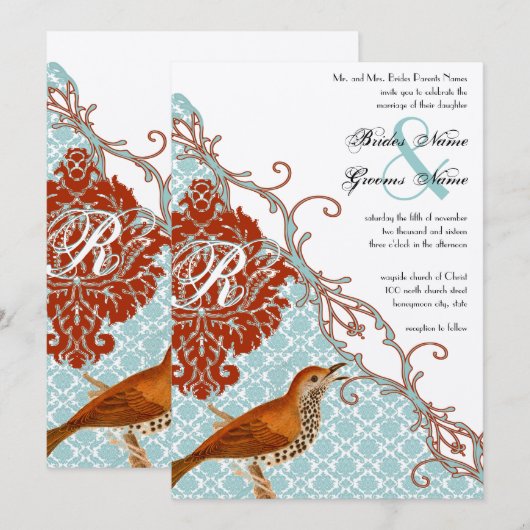  vogelverschrikkingen Roodduif Damask Wedding Kaart (Voorkant / Achterkant)