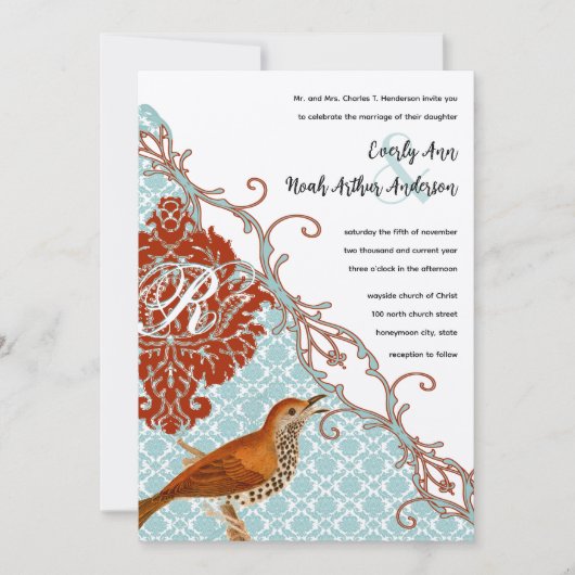 vogelverschrikkingen Roodduif Damask Wedding Kaart (Voorkant)