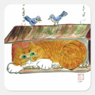 Vogelvoeder en Oranje tijgerkat Vierkante Sticker