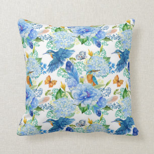 Vogelvogels en blauwe hydrangea kussen