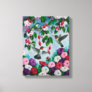 Vogelvogels in de bloemenhok van Fuchsia Canvas Afdruk