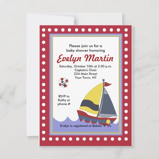 Voilier Bateau Nautique Baby Shower Invitations (Devant)