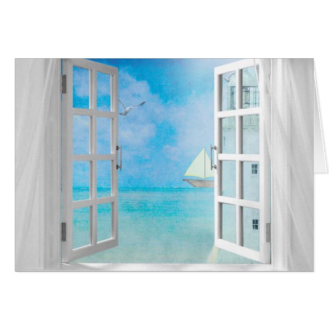 voilier et phare dans la fenêtre pour Nom Jour (Devant horizontal)