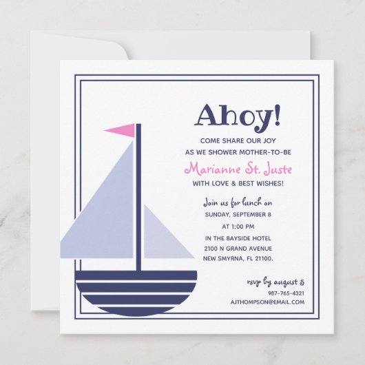 voilier nautique BABY SHOWER rose fille Invitation (Devant)