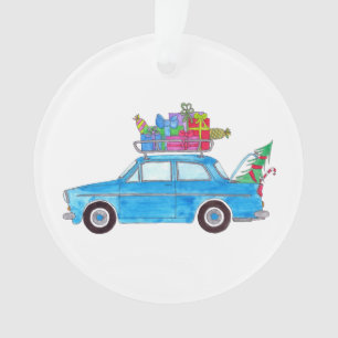 Voiture bleue avec cadeaux de Noël Aquarelle
