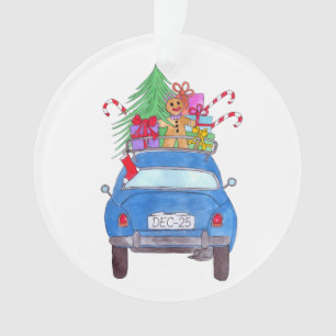 Voiture bleue avec cadeaux de Noël Aquarelle