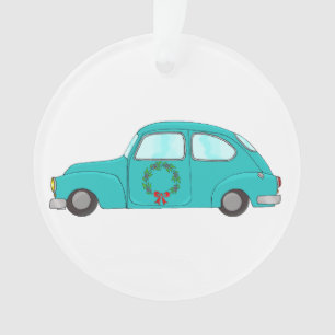voiture bleue avec couronne de Noël