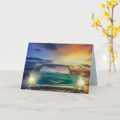 VOITURE BLEUE CLASSIQUE POUR LUI CARTES D'ANNIVERS (Fleur jaune)