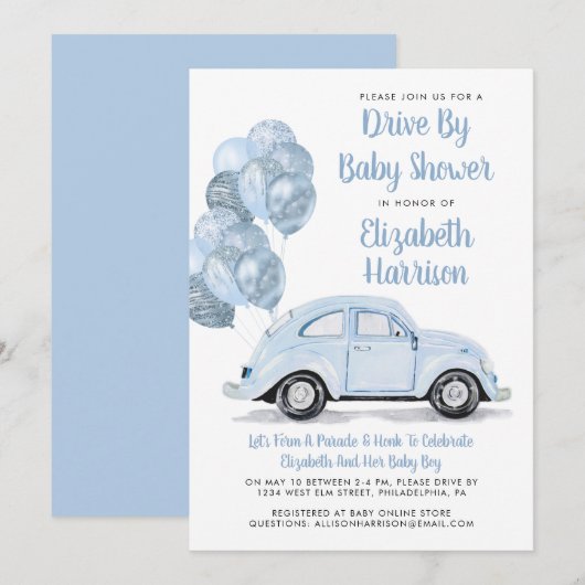 Voiture Bleue Cute En Baby shower Invitation (Devant / Derrière)