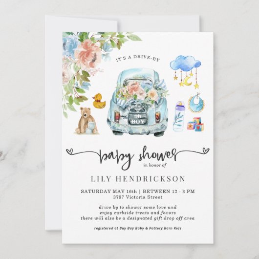 Voiture bleue | Invitation au Baby shower sur comm (Devant)