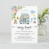 Voiture bleue | Invitation au Baby shower sur comm (Debout devant)