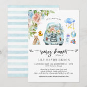 Voiture bleue | Invitation au Baby shower sur comm (Devant / Derrière)