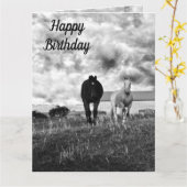 Voiture Cheval Blanc Noir, Carte Anniversaire (Fleur jaune)