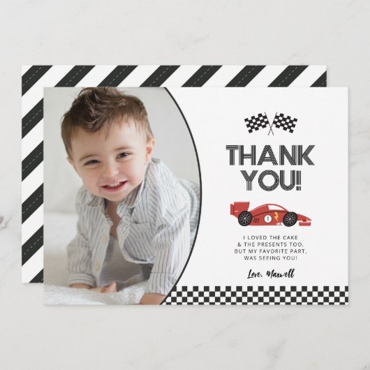 Voiture de course Anniversaire Carte de remercieme (Devant / Derrière)