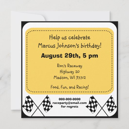 Voiture de course Customisée Invitations d'anniver (Dos)