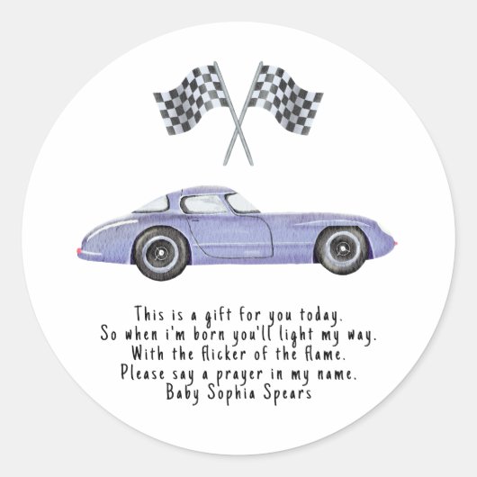 Voiture de course. Étiquette de bougie de prière (Devant)