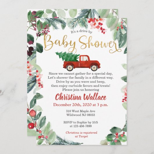 Voiture De Noël Par Bébé Douche Invitations (Devant / Derrière)