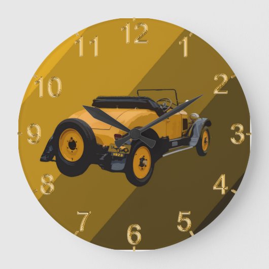Voiture décapotable vintage jaune, grande horloge  (Recto)