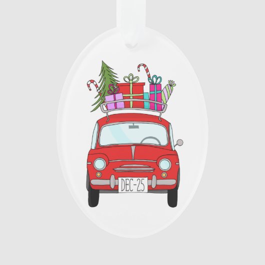 Voiture rouge avec cadeau de Noël Ornement (devant)