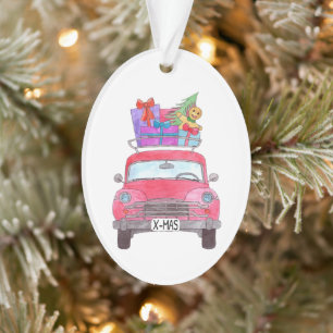 Voiture rouge avec cadeaux de Noël Aquarelle Ornem