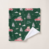 Voiture rouge Motif d'hiver Joyeux Noël vert (Gant de toilette)