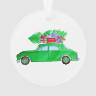 Voiture verte avec cadeaux de Noël Aquarelle