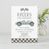 voiture Vintage bleue Anniversaire Invitation (Debout devant)