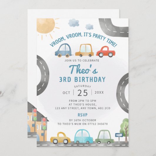 Voitures Anniversaire Fête Invitation Thème de tra (Devant / Derrière)