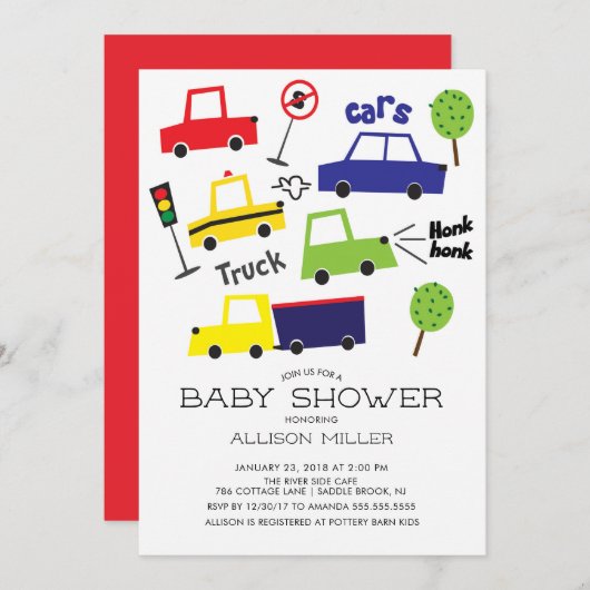 Voitures et camions colorés Baby shower Invitation