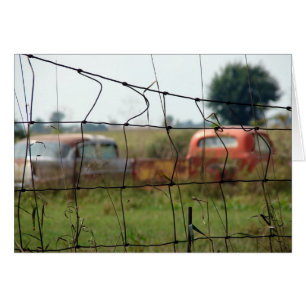 Voitures et camions rouillent dans un champ rural