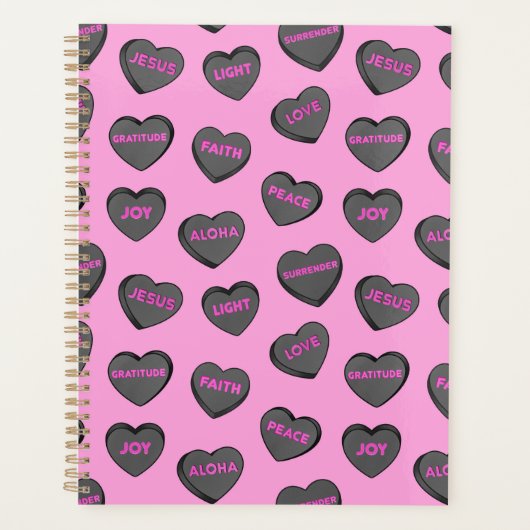 Vol van Love Hearts Pattern zwart roze Planner (Voorkant)