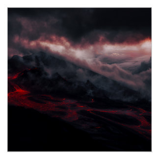 Volcanic Eruption Lava Rivers Night Landscape Perfect Poster