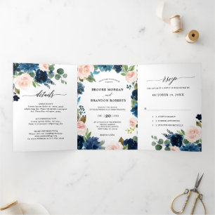Volets Faire-part de mariage pliable en trois bleu marine