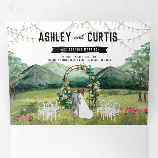 Volets Rustic Forest Mountain Mariage Invitation à trois (Intérieur en premier)