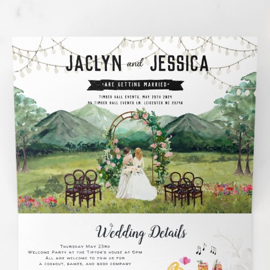 Volets Rustic Forest Mountain Mariage Invitation à trois (Intérieur en premier)