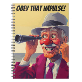 Volg die impuls, oude man met verrekijker, grappig notitieboek
