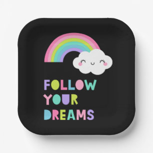 Volg je droombeeld en regenboogwolk papieren bordje