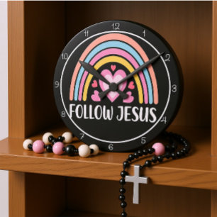 Volg Jezus Regenboog Met Hartjes Grafisch Ronde Klok