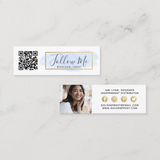 Volg mij Lichtblauwe Waterverf & Gouden Influencer Mini Visitekaartje (Voorkant / Achterkant)