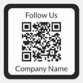 Volg ons Zwart-wit Bedrijfsnaam QR Code Vierkante Sticker (Voorkant)