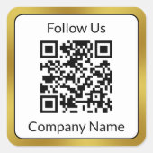 Volg ons Zwart Wit Goud Bedrijfsnaam QR Code Vierkante Sticker (Voorkant)