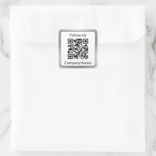 Volg ons Zwart Wit Zilver Bedrijfsnaam QRCode Vierkante Sticker