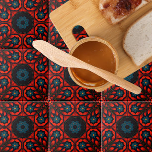 Volk Etnisch Rood Zwart Blauw Bloemen Patroon Tegeltje